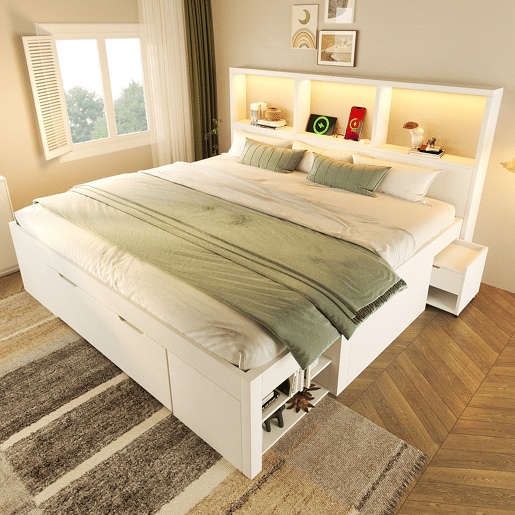 Cama de casal de madeira maciça 140x190 cm com luz led,branco Cama de casal de madeira maciça 140x190 cm com luz led,branco