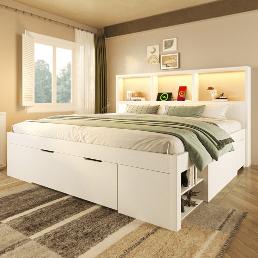 Cama de casal de madeira maciça 140x190 cm com luz led,branco Cama de casal de madeira maciça 140x190 cm com luz led,branco