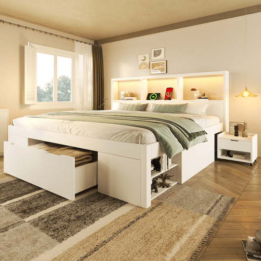 Cama de casal de madeira maciça 140x190 cm com luz led,branco Cama de casal de madeira maciça 140x190 cm com luz led,branco