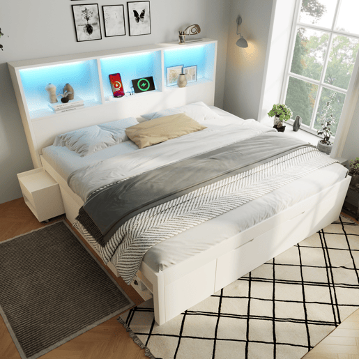 Cama de casal de madeira maciça 140x190 cm com luz led,branco Cama de casal de madeira maciça 140x190 cm com luz led,branco