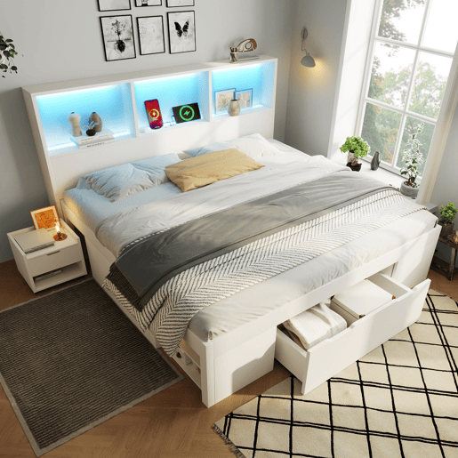 Cama de casal de madeira maciça 140x190 cm com luz led,branco Cama de casal de madeira maciça 140x190 cm com luz led,branco