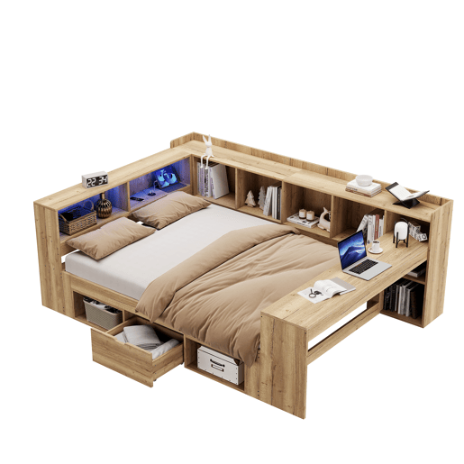 Cama de casal de mdf 140x200 cm com luz led,natural