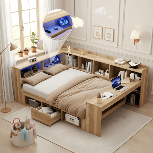 Cama de casal de mdf 140x200 cm com luz led,natural
