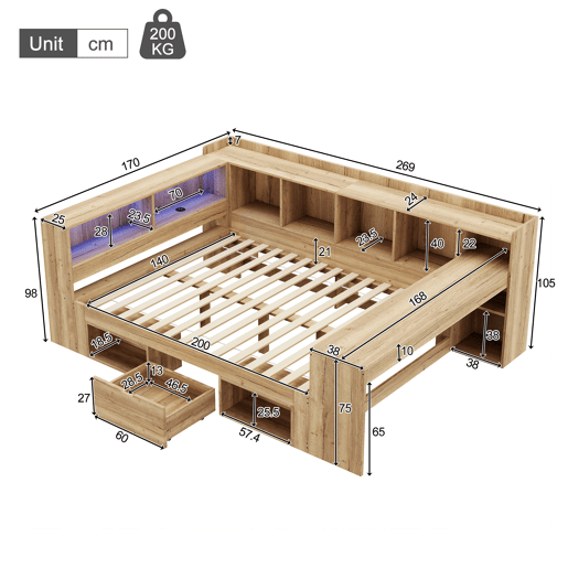 Cama de casal de mdf 140x200 cm com luz led,natural