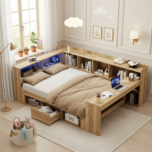 Cama de casal de mdf 140x200 cm com luz led,natural