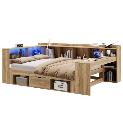Cama de casal de mdf 140x200 cm com luz led,natural