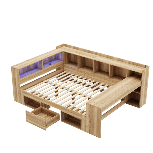 Cama de casal de mdf 140x200 cm com luz led,natural