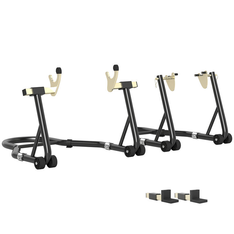 Homcom caballete de moto, carga 390 kg, soporte delantero y trasero universal, elevador de moto de acero con horquillas ajustables en u+l, ruedas y