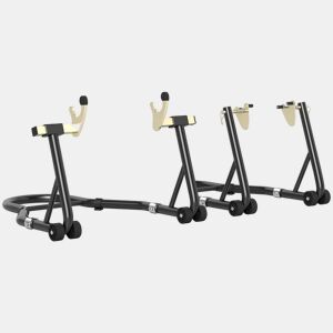 HOMCOM Cavalete de Moto Carga de 390 kg Suporte Dianteiro e Traseiro Universal Elevador de Moto em Aço com Encaixes Ajustáveis em U+L Rodas e Clipes de Fixação Preto