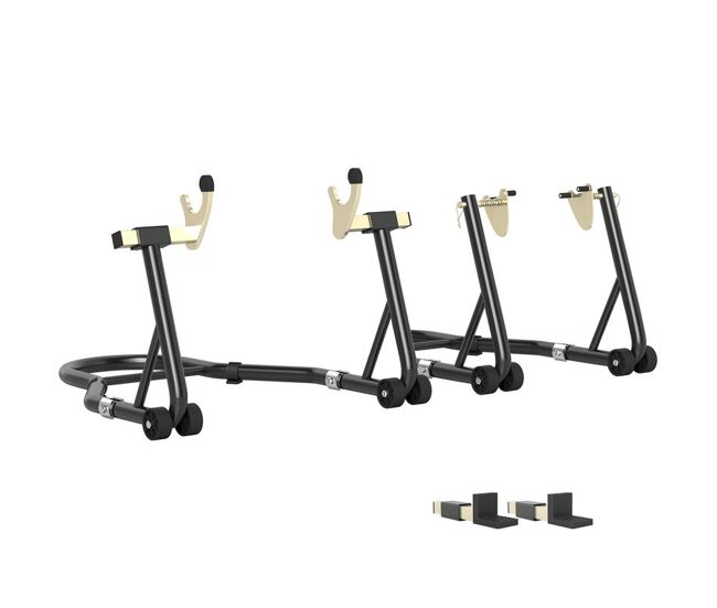 Homcom caballete de moto, carga 390 kg, soporte delantero y trasero universal, elevador de moto de acero con horquillas ajustables en u+l, ruedas y