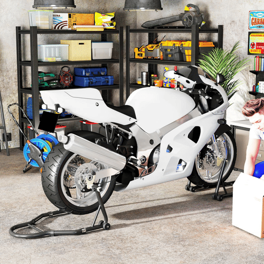 HOMCOM Cavalete de Moto Carga de 390 kg Suporte Dianteiro e Traseiro Universal Elevador de Moto em Aço com Encaixes Ajustáveis em U+L Rodas e Clipes de Fixação Preto