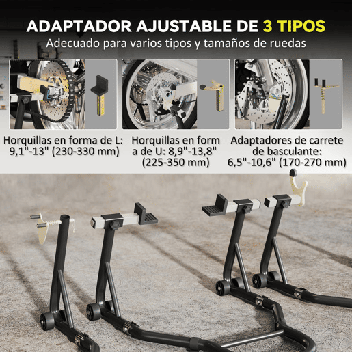 HOMCOM Cavalete de Moto Carga de 390 kg Suporte Dianteiro e Traseiro Universal Elevador de Moto em Aço com Encaixes Ajustáveis em U+L Rodas e Clipes de Fixação Preto