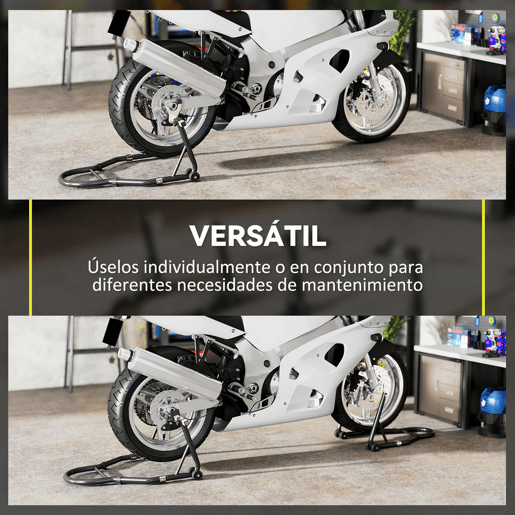 HOMCOM Cavalete de Moto Carga de 390 kg Suporte Dianteiro e Traseiro Universal Elevador de Moto em Aço com Encaixes Ajustáveis em U+L Rodas e Clipes de Fixação Preto