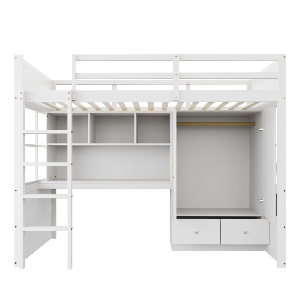 Cama alta 90x200 cm - con escalera, escritorio con almacenamiento, armario y cajones - blanco