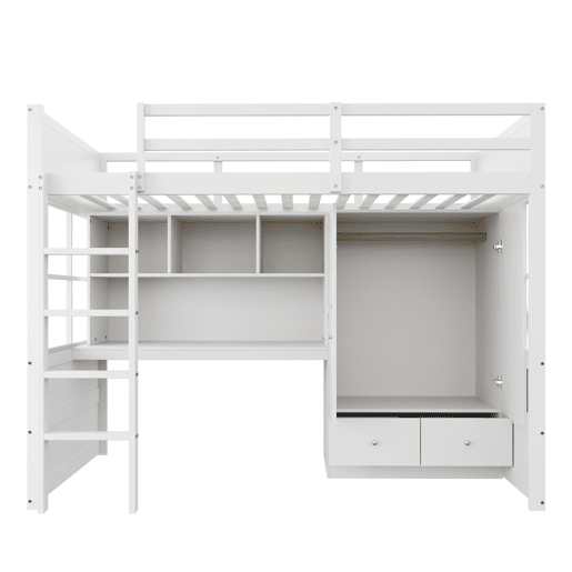 Cama alta 90x200 cm - Com escada, secretária com arrumação, armário e gavetas - Branco Cama alta 90x200 cm - Com escada, secretária com arrumação, armário e gavetas - Branco