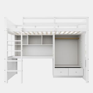 Cama alta 90x200 cm - Com escada, secretária com arrumação, armário e gavetas - Branco