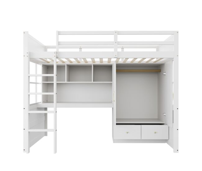 Cama alta 90x200 cm - con escalera, escritorio con almacenamiento, armario y cajones - blanco