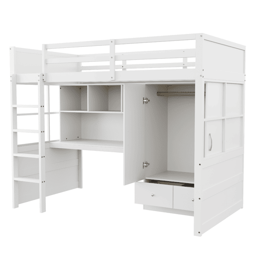 Cama alta 90x200 cm - Com escada, secretária com arrumação, armário e gavetas - Branco Cama alta 90x200 cm - Com escada, secretária com arrumação, armário e gavetas - Branco