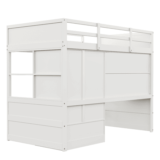 Cama alta 90x200 cm - Com escada, secretária com arrumação, armário e gavetas - Branco Cama alta 90x200 cm - Com escada, secretária com arrumação, armário e gavetas - Branco