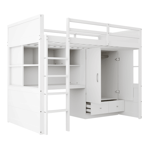 Cama alta 90x200 cm - Com escada, secretária com arrumação, armário e gavetas - Branco Cama alta 90x200 cm - Com escada, secretária com arrumação, armário e gavetas - Branco