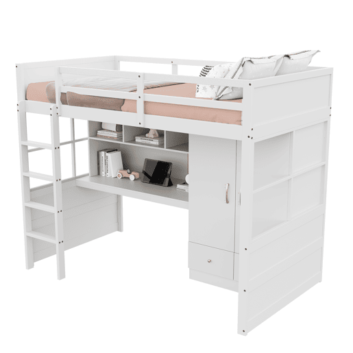 Cama alta 90x200 cm - Com escada, secretária com arrumação, armário e gavetas - Branco Cama alta 90x200 cm - Com escada, secretária com arrumação, armário e gavetas - Branco