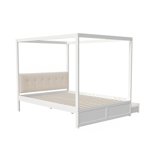 Cama de dossel de madeira 140x200cm - com cabeceira estofada e 2 gavetas - Cor branca