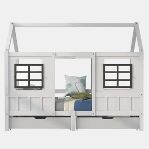 Cama individual 200x90cm - Casa com 2 gavetas, 2 janelas, estrutura em pinho e MDF - Branco