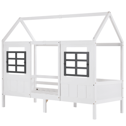 Cama individual 200x90cm - Casa com 2 gavetas, 2 janelas, estrutura em pinho e MDF - Branco