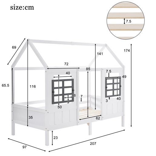 Cama individual 200x90cm - Casa com 2 gavetas, 2 janelas, estrutura em pinho e MDF - Branco