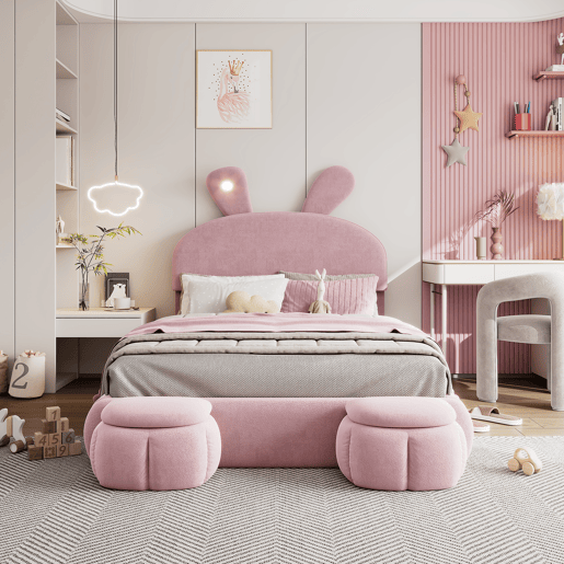 Cama estofada 140x200cm - Cama hidráulica com orelhas de coelho, luz quente ajustável, arrumação - Rosa