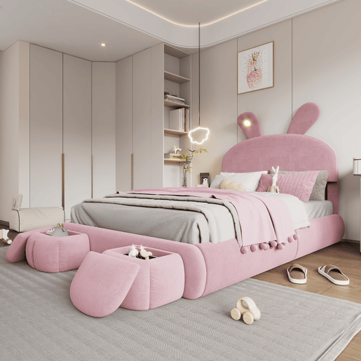 Cama estofada 140x200cm - Cama hidráulica com orelhas de coelho, luz quente ajustável, arrumação - Rosa