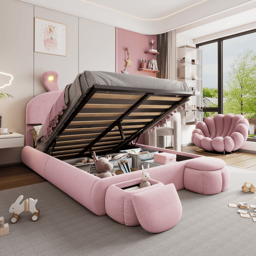 Cama estofada 140x200cm - Cama hidráulica com orelhas de coelho, luz quente ajustável, arrumação - Rosa