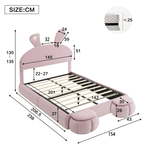Cama estofada 140x200cm - Cama hidráulica com orelhas de coelho, luz quente ajustável, arrumação - Rosa