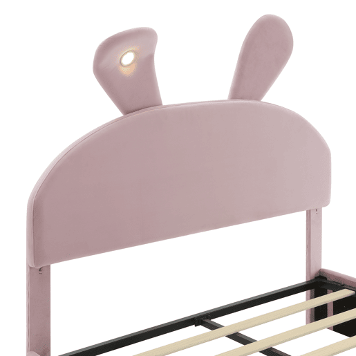 Cama estofada 140x200cm - Cama hidráulica com orelhas de coelho, luz quente ajustável, arrumação - Rosa