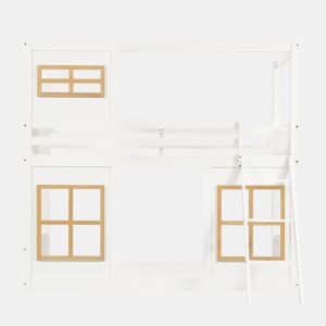 Beliche infantil 90x200 cm - Com janelas, escada estável, cerca em 4 lados - Branco+Natural