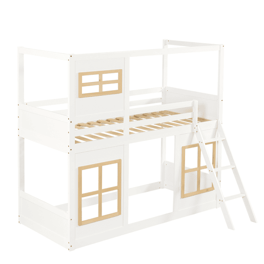 Beliche infantil 90x200 cm - Com janelas, escada estável, cerca em 4 lados - Branco+Natural