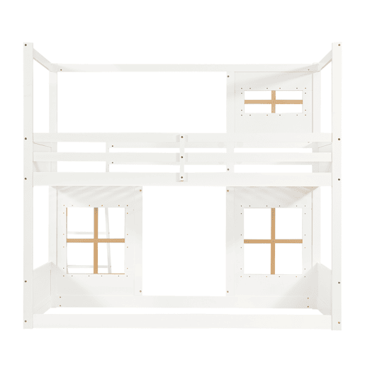 Beliche infantil 90x200 cm - Com janelas, escada estável, cerca em 4 lados - Branco+Natural