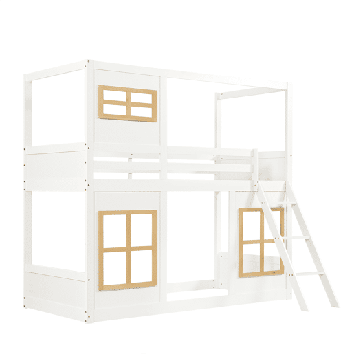 Beliche infantil 90x200 cm - Com janelas, escada estável, cerca em 4 lados - Branco+Natural