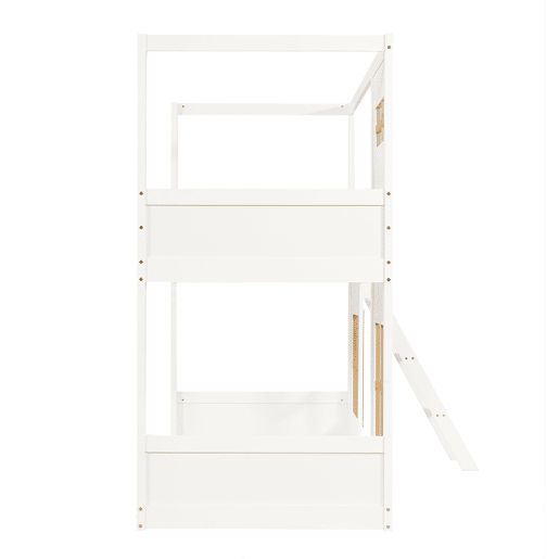 Beliche infantil 90x200 cm - Com janelas, escada estável, cerca em 4 lados - Branco+Natural