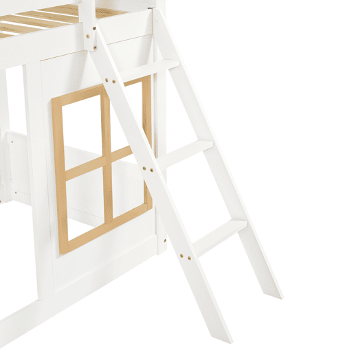 Beliche infantil 90x200 cm - Com janelas, escada estável, cerca em 4 lados - Branco+Natural