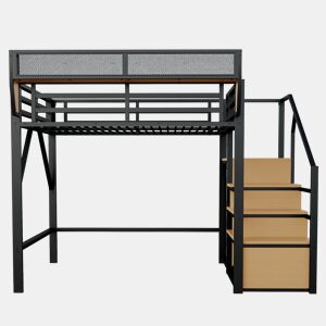 Cama alta 140x200 - com escada de segurança e compartimento de arrumação flexível - Preto