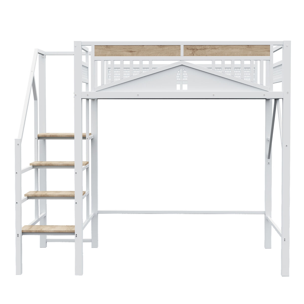 Cama alta metálica 140 x 200 cm - diseño de caja única con ventana, con escalera de seguridad, gran espacio de almacenamiento bajo la cama - blanco