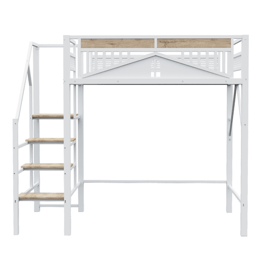 Cama alta metálica 140 x 200 cm - Design exclusivo com janela, escada de segurança e amplo espaço de arrumação debaixo da cama - Branco