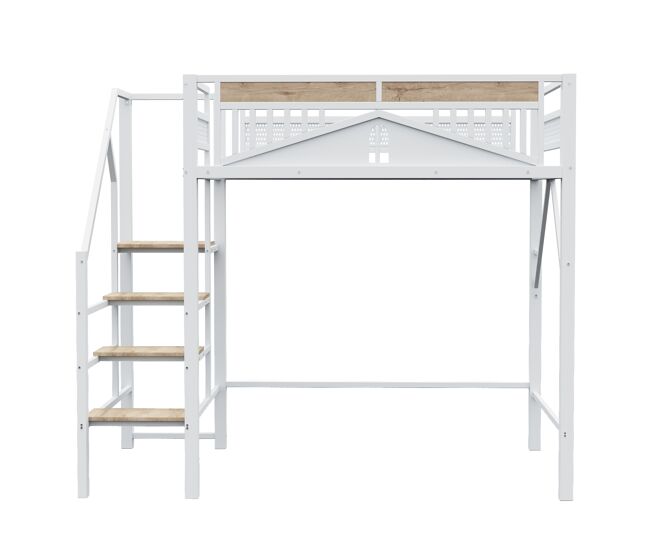 Cama alta metálica 140 x 200 cm - diseño de caja única con ventana, con escalera de seguridad, gran espacio de almacenamiento bajo la cama - blanco