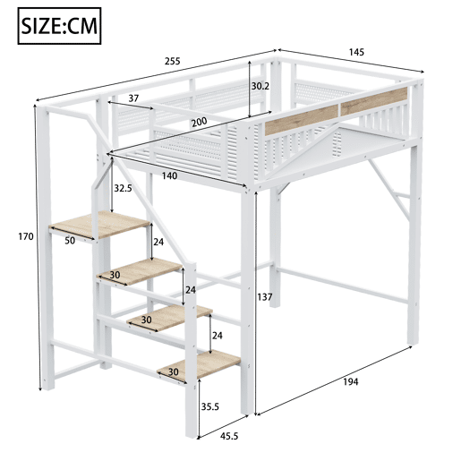 Cama alta metálica 140 x 200 cm - Design exclusivo com janela, escada de segurança e amplo espaço de arrumação debaixo da cama - Branco
