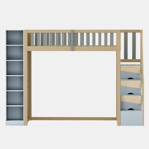 Cama alta multifuncional 90x200 cm - Com prateleiras, armário e escada de segurança - Cinza + Madeira natural