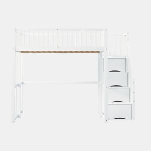 Cama alta 140x200 cm - Com escada de segurança, corrimão, estrutura em pinho maciço - Branco