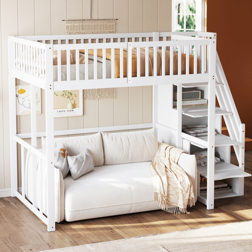 Cama alta 140x200 cm - Com escada de segurança, corrimão, estrutura em pinho maciço - Branco Cama alta 140x200 cm - Com escada de segurança, corrimão, estrutura em pinho maciço - Branco