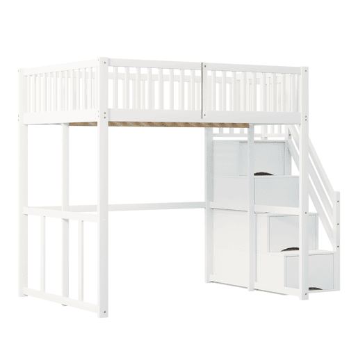 Cama alta 140x200 cm - Com escada de segurança, corrimão, estrutura em pinho maciço - Branco Cama alta 140x200 cm - Com escada de segurança, corrimão, estrutura em pinho maciço - Branco