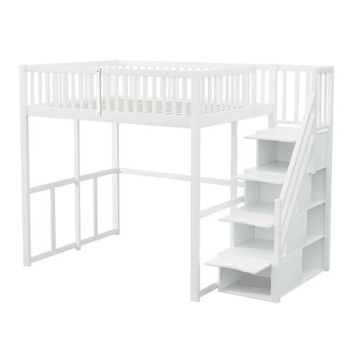 Cama alta 140x200 cm - Com escada de segurança, corrimão, estrutura em pinho maciço - Branco Cama alta 140x200 cm - Com escada de segurança, corrimão, estrutura em pinho maciço - Branco